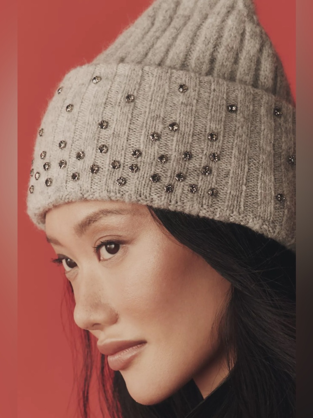 ❤️Anthro Beanie with Rhinestones NWT in Grey